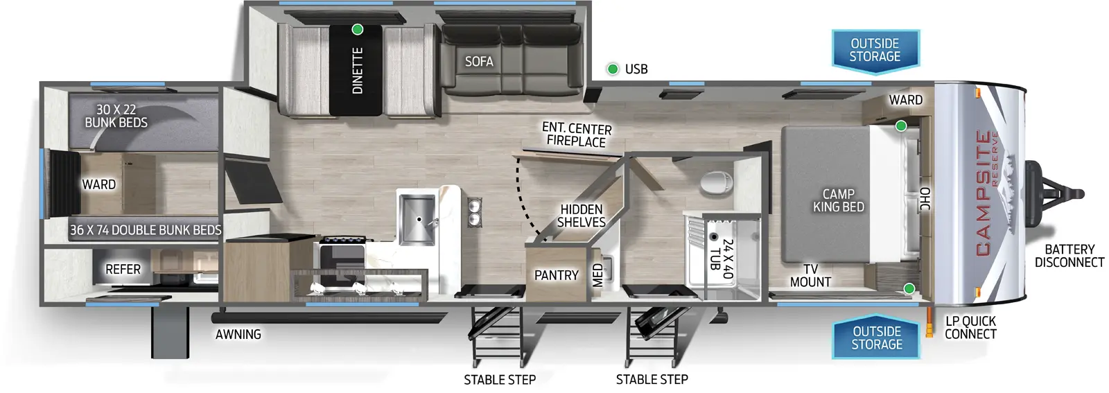 The Campsite Reserve 29TJ floorplan has two entries and one slide out. Exterior features include: metal exterior. Interiors features include: bunk beds and front bedroom.